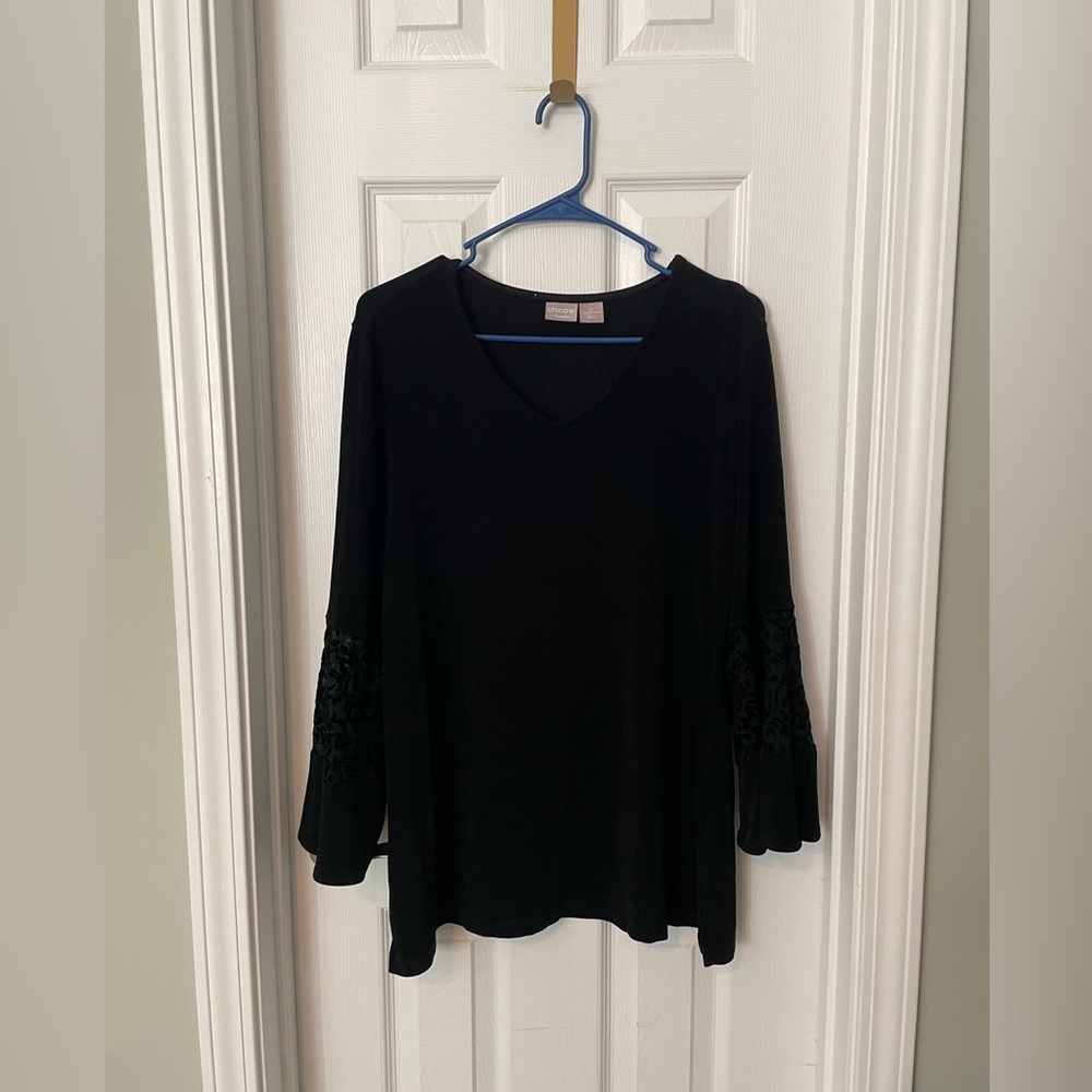 Chico’s Travelers Black V-Neck Blouse Top with velvet detail on bell sleeves